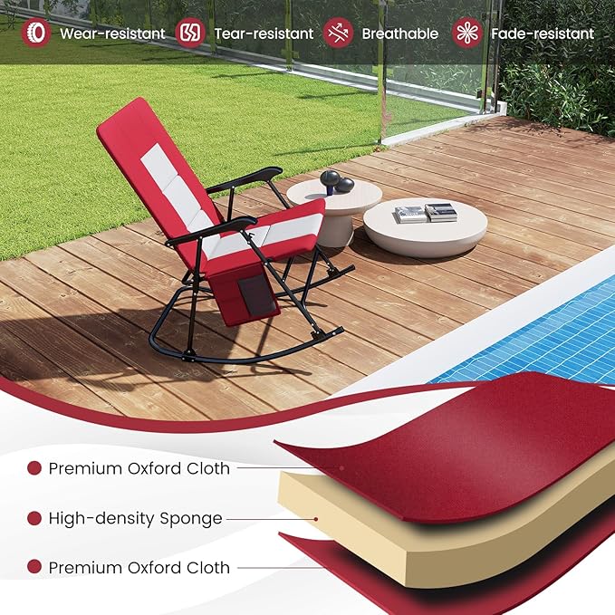 Goplus Oversized Folding Rocking Chair, Padded Patio Lounge Rocker w/Metal Frame, Armrests, Side Pocket, Lightweight Portable Rocking Chair for Backyard Camping Travel, Supports up to 500 lbs(1,Red)