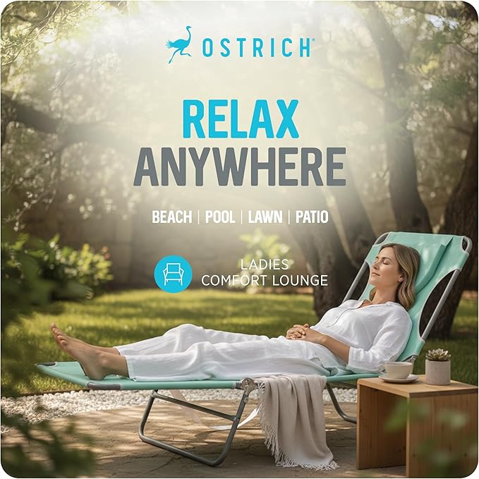 Ostrich the Ladies Comfort Lounger with Chest Support, Foldable and Portable Reclining Outdoor Patio Beach Lawn Camping Pool Tanning Chair, Teal