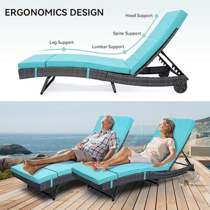 YITAHOME Rattan Lounge Chair Set of 2, Wicker Outdoor Chaise Lounge w/Wheels, Removable Cushion, 5-Position Backrest, Easy to Assemble Sun Lounger for Poolside Beach Balcony (Blue)