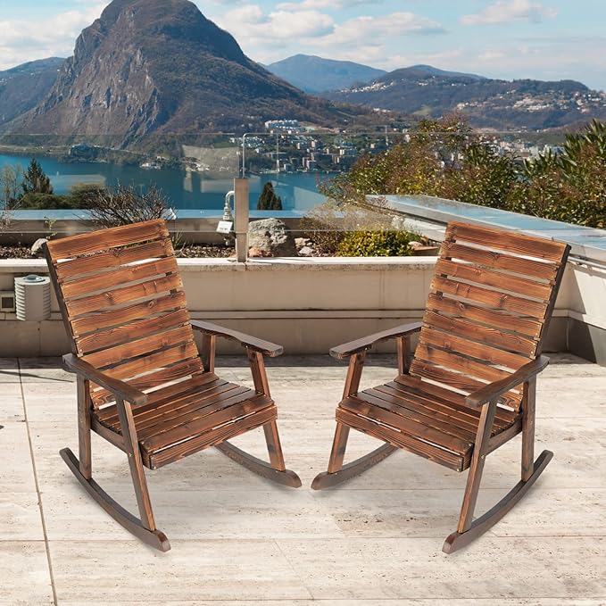 Outdoor Rocking Chairs Set of 2, Patio Wood Rocker Chairs High Back 2PCS Rocking Chairs for Deck, Garden, Backyard, Porch