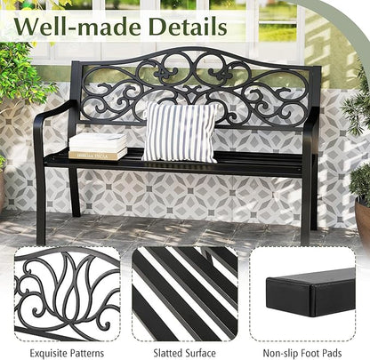 Giantex 50 Inches Outdoor Bench with Floral Pattern, Ergonomic Backrest & Slatted Surface, Metal Frame, 660lbs Capacity, 2-3 People Loveseat, Patio Bench for Park, Garden, Yard, Porch, Outside, Black