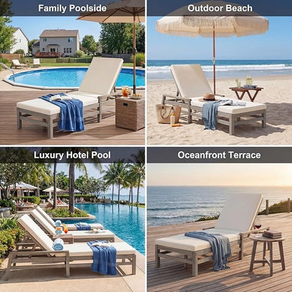 Outdoor Chaise Lounge Chair Set of 2, Patio Chaise Lounge Recliner with Adjustable Backrest, Acacia Wood Poolside Chaise Lounge with Thick All-Weather Cushions for Patio, Deck and Backyard(A)