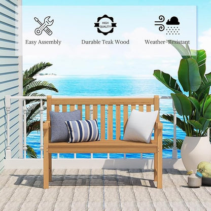 Teak Wood Outdoor Bench Set of 2, Weatherproof Garden Benches for Yard or Porch, 2-Person Park Bench with Ergonomic Patio Seating, Durable Teak Construction for Lawn, Backyard, or Poolside