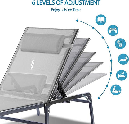 Foldable Outdoor Lounge Chairs Set of 2, No Assembly Chaise Lounge Outdoor with Cup Holder and 6 Adjustable Positions, Patio Lounge Chair with Detachable Pillow for Outside Poolside Beach Pool, Grey