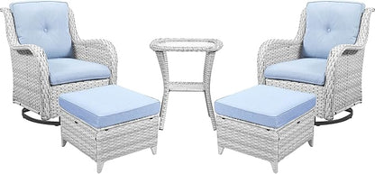 Belord 5 Piece Wicker Patio Furniture Set, Outdoor Swivel Rocker Chairs Set of 2 with Ottomans and Side Table, All Weather Patio Conversation Furniture Set, for Porch Pool, Light Gray Wicker/Baby Blue