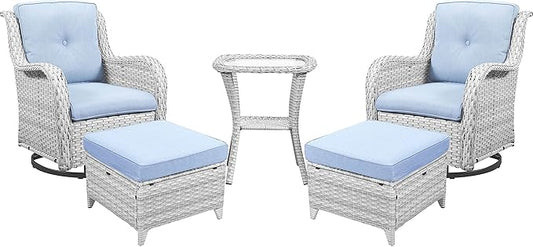 Belord 5 Piece Wicker Patio Furniture Set, Outdoor Swivel Rocker Chairs Set of 2 with Ottomans and Side Table, All Weather Patio Conversation Furniture Set, for Porch Pool, Light Gray Wicker/Baby Blue