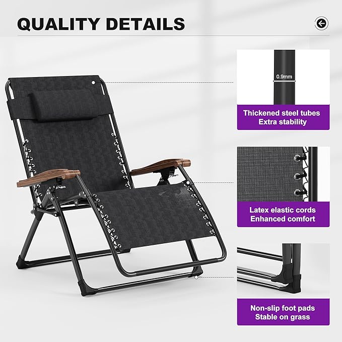 PURPLE LEAF Extra Wide Outdoor Reclining Chair Set of 2 Patio Zero Gravity Chaise Lounge Folding Chair with Removable Cushion Adjustable Headrest for Lawn Camping Beach Pool Black