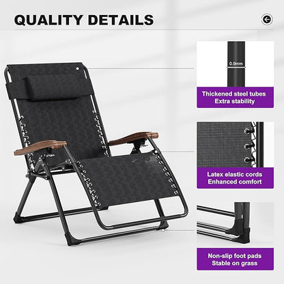 PURPLE LEAF Extra Wide Outdoor Reclining Chair Set of 2 Patio Zero Gravity Chaise Lounge Folding Chair with Removable Cushion Adjustable Headrest for Lawn Camping Beach Pool Black