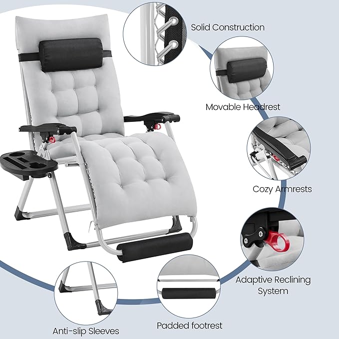 Yaheetech Zero Gravity Chair, Folding Reclining Lounge Recliner with Removable Pad & Headrest & Side Cup Holder Tray - Photo 4