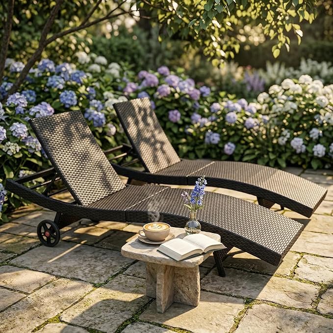 Outdoor Wicker Patio Chaise Lounge Chair with Wheels Set of 4, Black&Brown Rattan Pool Furniture Lounger for Outside Poolside Lounges, Jumbo Co Chaise Lounge Chairs, Wicker Patio Pool Furniture