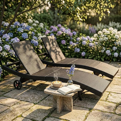 Outdoor Wicker Patio Chaise Lounge Chair with Wheels Set of 6, Black&Brown Rattan Pool Furniture Lounger for Outside Poolside Lounges, Jumbo Co Chaise Lounge Chairs, Wicker Patio Pool Furniture