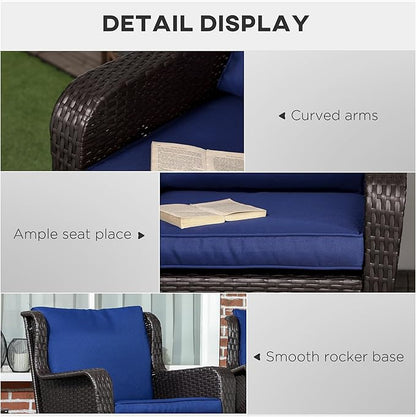 Outsunny Outdoor Wicker Rocking Chair with Wide Seat, Thick Cushions, Rattan Rocker with Steel Frame, High Weight Capacity for Patio, Garden, Backyard, Dark Blue