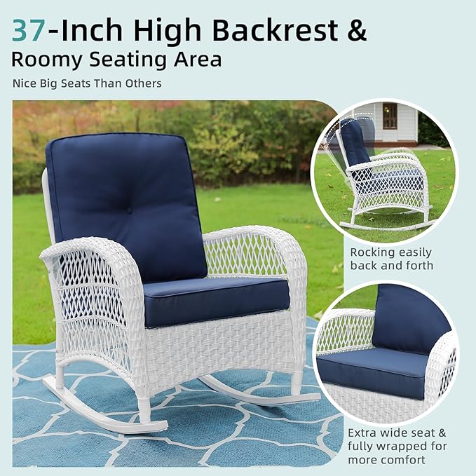 MEETWARM Outdoor Wicker Rocking Chair, Rattan Patio Rocker Chairs with Cushions and High Back, All-Weather Patio Wicker Chair with Safe Rocking Design for Garden Backyard Porch, White/Navy