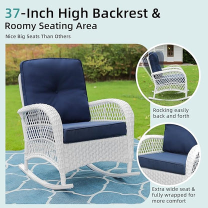 MEETWARM Outdoor Wicker Rocking Chairs Set of 2, Rattan Patio Rocker Chairs with Thick Cushions and High Back, All-Weather Patio Wicker Chair with Safe Rocking Design for Garden, White/Navy