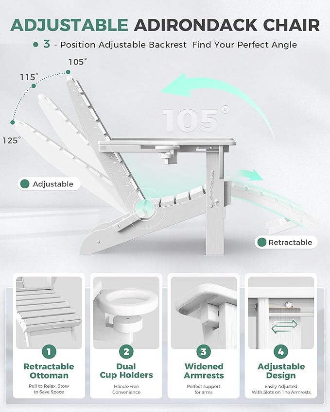 Folding Adirondack Chair with Retractable Ottoman, Weather Resistant Fire Pit Chair Patio Chair with 2 Cup Holder Lawn Outdoor Lounge Chair (White)