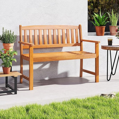 RELAX4LIFE Outdoor Bench Acacia Wood - 2-Person Garden Bench w/Backrest & Armrests, Slatted Wooden Patio Loveseat Chair for Front Porch Poolside Park Backyard, 800 LBS Weight Capacity (43'')