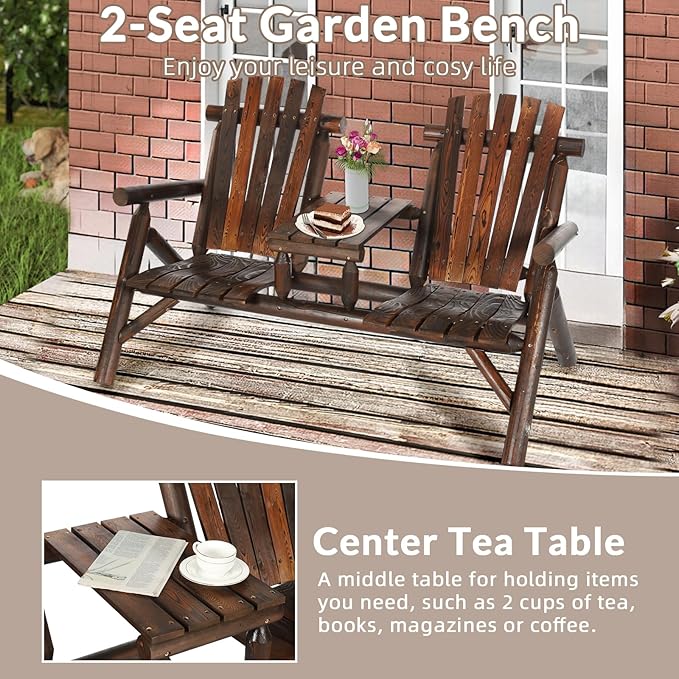 Outdoor 2-Person Wooden Adirondack Bench, Conversation Furniture Set with Patio Rustic Loveseat & Built-in Table, Carbonized Garden Bench Fire Pit Chair for Backyard Porch Pool Deck