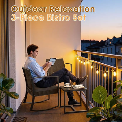 Greesum 3 Pieces Outdoor Furniture Set Patio Bistro Rocking Chairs with Glass Coffee Table for Pool Beach Backyard Balcony Porch Deck Garden, Gray