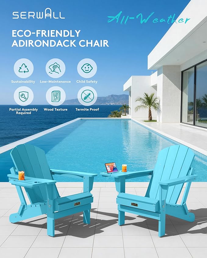 SERWALL Folding Adirondack Chair Set of 4, Outdoor Adirondack Chairs with 4 in 1 Cup Holder, Wood Texture Patio Chairs, Weather Resistant Fire Pit Chairs for Patio Deck Garden, Backyard - Aruba Blue