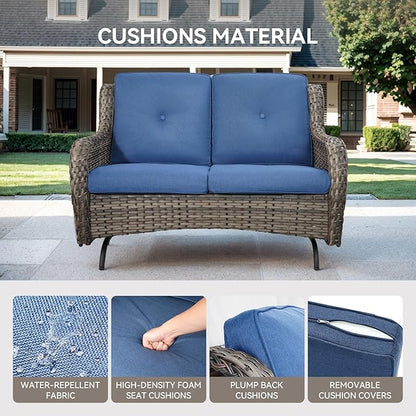 Patio Loveseat Wicker Loveseat Rattan Glider Sofa with Curved Armrest Thicking Back & Seat Cushions for Garden Balcony Backyard Grey Wicker|Blue Cushions (A) Patio Loveseat Glider