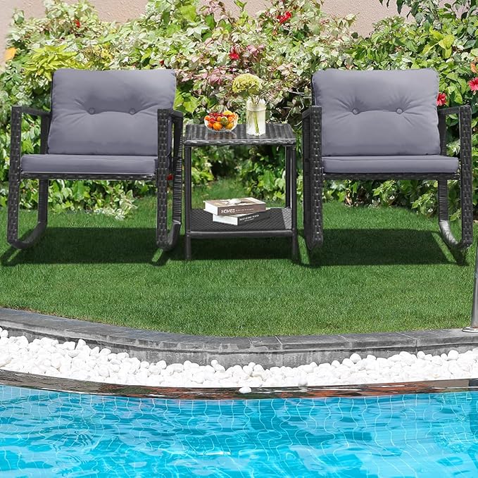 HAPPYGRILL 3 Pieces Rocking Bistro Set Outdoor Patio Conversation Set with Rocking Chairs and Coffee Table - Photo 2