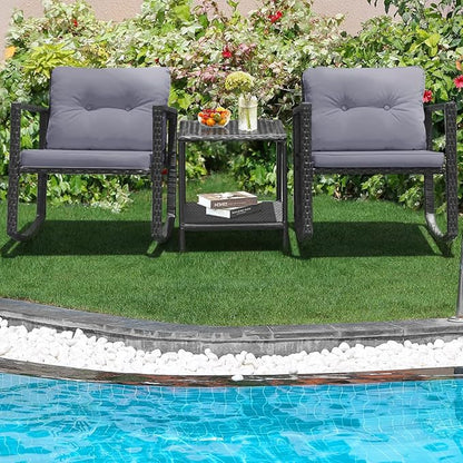 HAPPYGRILL 3 Pieces Rocking Bistro Set Outdoor Patio Conversation Set with Rocking Chairs and Coffee Table, Rattan Wicker Furniture Set for Garden Lawn Backyard Balcony