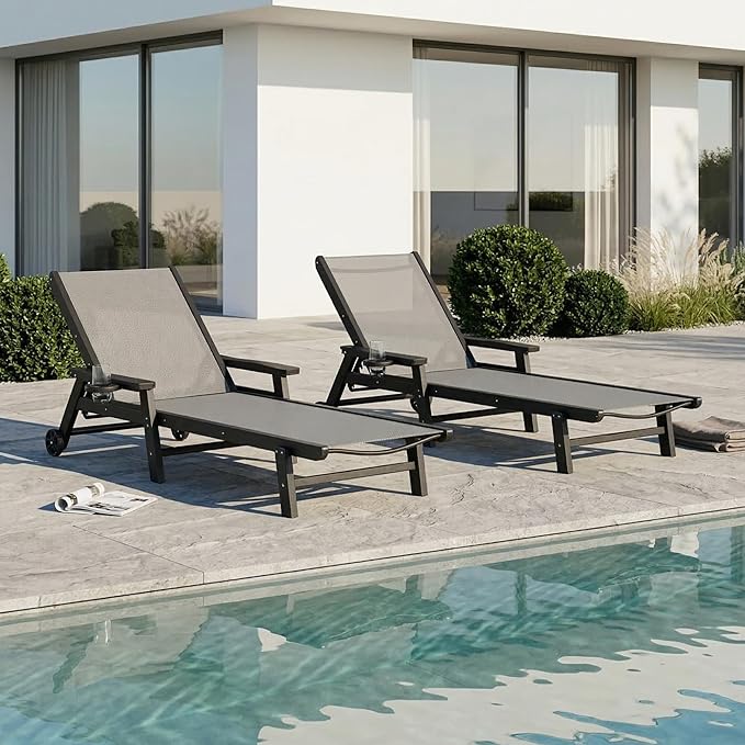 Patio Chaise Lounge Chair with Wheels & Cup Holder, HDPE Textilene Outdoor Lounge Chair 5 Positions Adjustable for Poolside Deck Patio Backyard (1, Grey Frame, Grey Textilene)