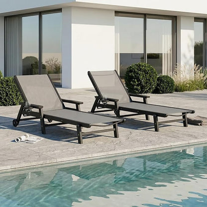 Patio Chaise Lounge Chair with Wheels & Cup Holder, HDPE Textilene Outdoor Lounge Chair 5 Positions Adjustable for Poolside Deck Patio Backyard (1, Grey Frame, Grey Textilene)
