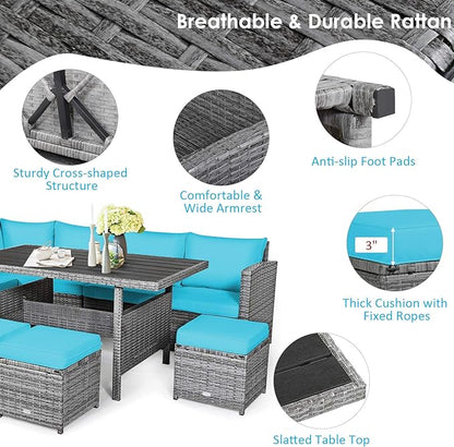 COSTWAY 7 PCS Wicker Outdoor Conversation Set, Patio Sectional Furniture Sofa Set with Table & Seat Cushions, Rattan Furniture Sets for Backyard Garden Poolside Porch, Turquoise