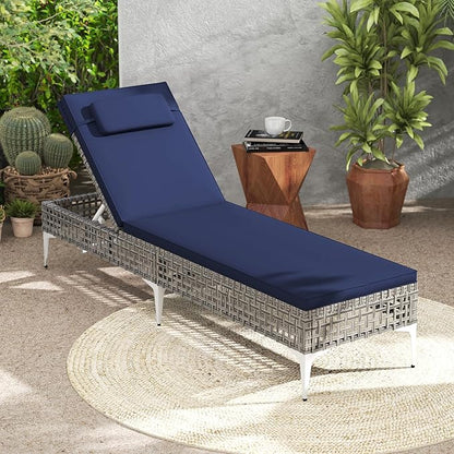 Tangkula Patio Chaise Lounge Chair, PE Wicker Reclining Sun Lounger with 6-Level Adjustable Backrest, Removable Cushion & Headrest, Outdoor Lounge Chair for Poolside, Deck, Backyard (1, Navy)
