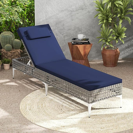 Tangkula Patio Chaise Lounge Chair, PE Wicker Reclining Sun Lounger with 6-Level Adjustable Backrest, Removable Cushion & Headrest, Outdoor Lounge Chair for Poolside, Deck, Backyard (1, Navy)