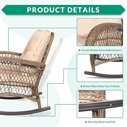 VIVIJASON 2 Piece Patio Wicker Rattan Rocker Chair, Outdoor Rattan Rocker Chair with Cushions & Steel Frame, All-Weather Rocking Lawn Wicker Furniture for Garden Backyard Porch (Beige)