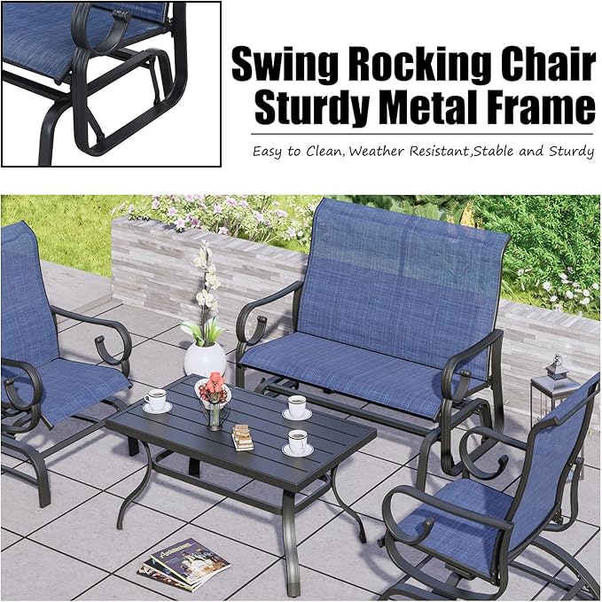 PatioFestival 2 Pcs Patio Glider Bench Set - Outdoor Loveseat Glider Chair with Metal Coffee Table, Textilene Fabric - Photo 5