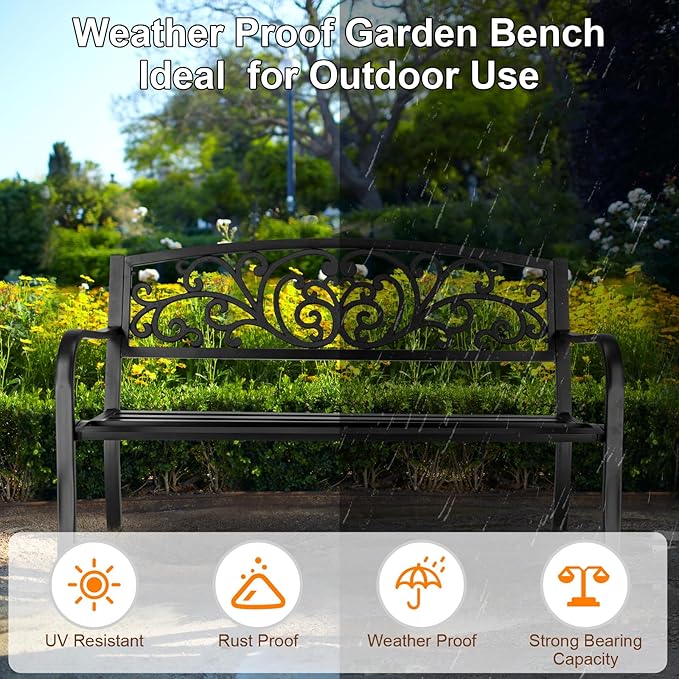 50 Inches Outdoor Bench, Cast Iron Metal Frame Garden Bench, Patio Park Bench with Butterfly Backrest for Porch, Lawn, Yard (Black)