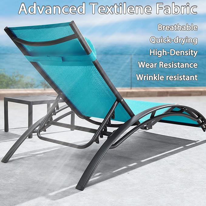 PURPLE LEAF Patio Chaise Lounge with 10' x 6.5' Tilt Umbrella Outdoor Lounge Chair Beach Pool Sunbathing Lawn Lounger, Base and Side Table Included, Turquoise Blue