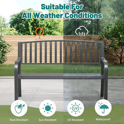 Metal Bench Patio Bench, Outdoor Benches Weatherproof with Slat Backrest, Wrought Iron Garden Benches for Outdoors, Patio, Garden, Park