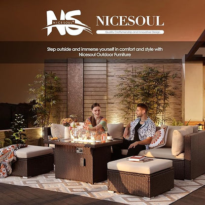 NICESOUL 29.3" High-Back Modern Luxury Patio Corner Sofa, Outdoor Furniture Piece Wide Deep Seat, All-Weather Wicker Modular Sectional Seating for Backyard, Deck, Sunroom, Brown Rattan & Beige Cushion
