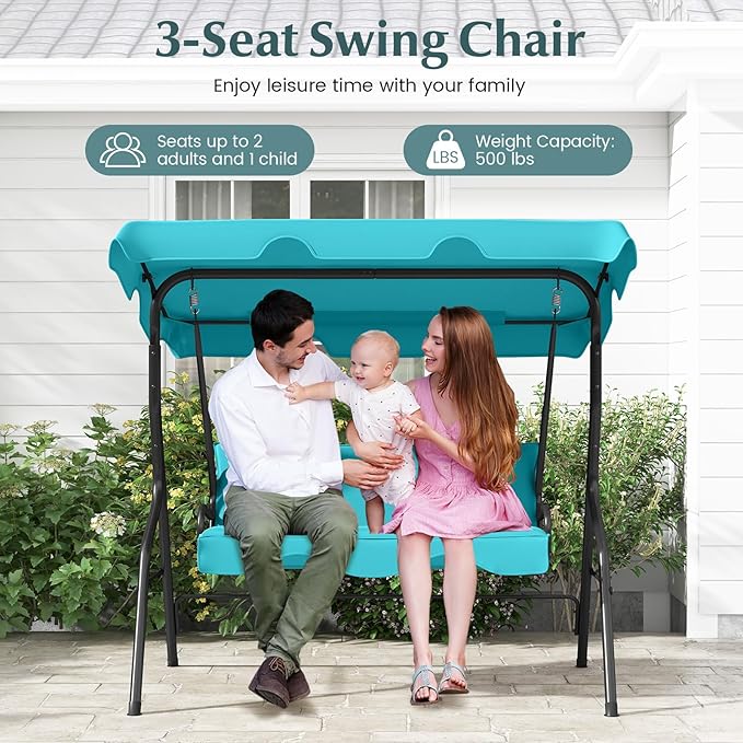 RELAX4LIFE 3-Person Porch Swing Chair - Outdoor Swing w/Adjustable Canopy, Removable Cushion & Metal Frame Stand - Photo 3