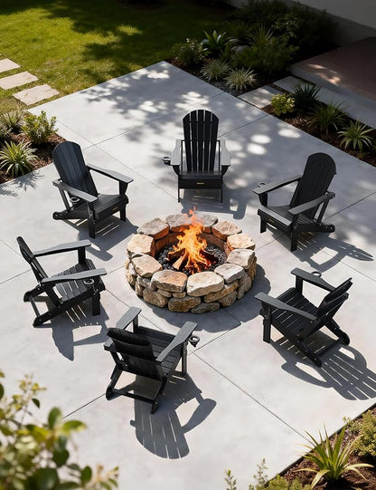 Plastic HDPE Adirondack Chair,Set of 6,Folding Adirondack Chair Weather Resistant with Cup Holder, Wooden Textured Fire Pit Outdoor Chair for Garden, Porch, Lawn, Backyard, Supports 380LBS, Black