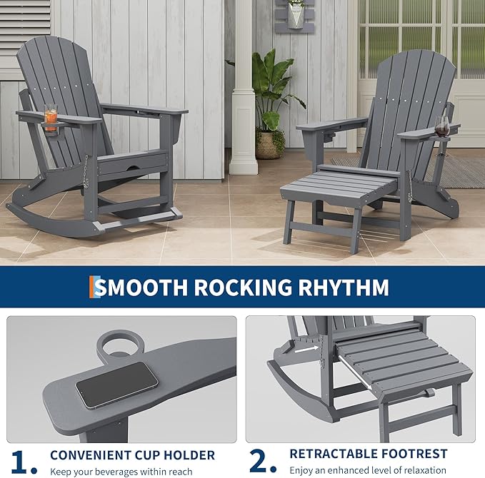 PeakPursuit Adirondack Outdoor Rocking Chairs with Two Cup Holders, HDPE All Weather Outdoor Adirondacks Rocking Chair with Retractable Ottoman