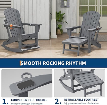 PeakPursuit Adirondack Outdoor Rocking Chairs with Two Cup Holders, HDPE All Weather Outdoor Adirondacks Rocking Chair with Retractable Ottoman