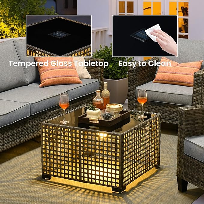 ovios Outdoor Side Table with Tempered Glass Top, Patio Wicker Solar Table - Photo 5