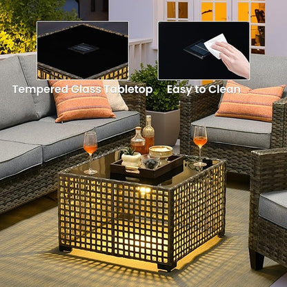 ovios Outdoor Side Table with Tempered Glass Top, Patio Wicker Solar Table, Rattan Bistro End Table for Porch Deck Balcony Garden Poolside, Grey