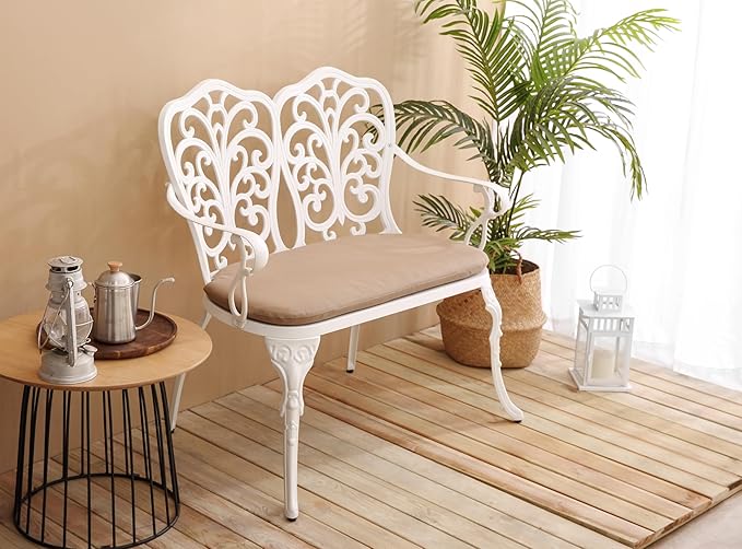 espidoo Cast Aluminum Garden Bench: Year-Round Elegance with Floral Rose - White Outdoor Patio Bench with Cushion - 34.6" W for Patio Lawn & Backyard