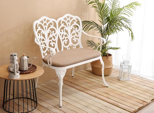 espidoo Cast Aluminum Garden Bench: Year-Round Elegance with Floral Rose - White Outdoor Patio Bench with Cushion - 34.6" W for Patio Lawn & Backyard