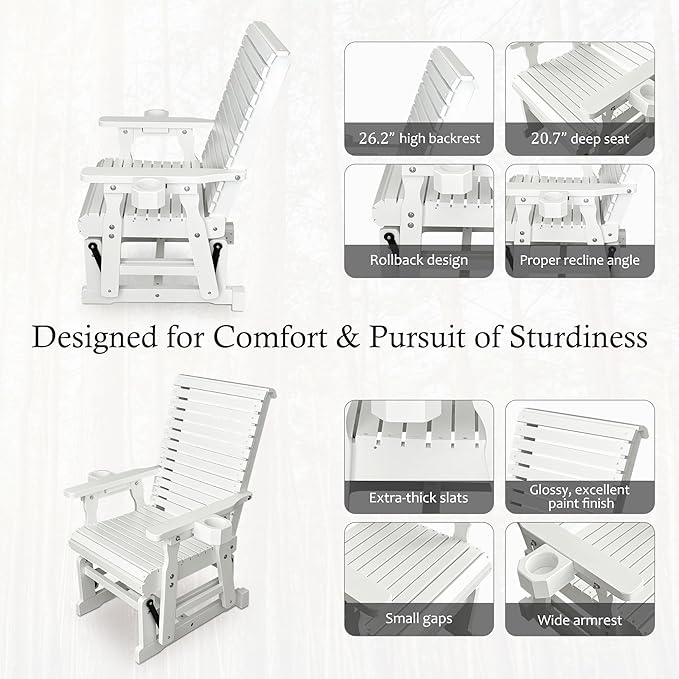 Fortune Candy Wooden Patio Glider for One Person, with High Backrest and Deep Contoured Seat, Solid Fir Wood - Photo 5