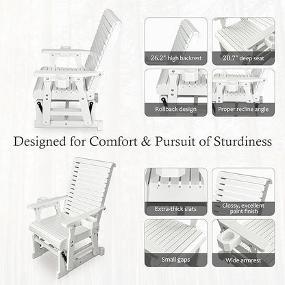 Fortune Candy Wooden Patio Glider for One Person, with High Backrest and Deep Contoured Seat, Solid Fir Wood, Heavy Duty 600 LBS (White, 1-Seater)