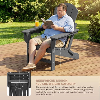 Mdeam 3-Level Adjustable Adirondack Chair, Wooden Textured, HDPE All-Weather Folding Fire Pit Chair with Cup Holder, Outdoor Chair for Poolside Deck Patio Garden Backyard Lawn Campfire - Grey