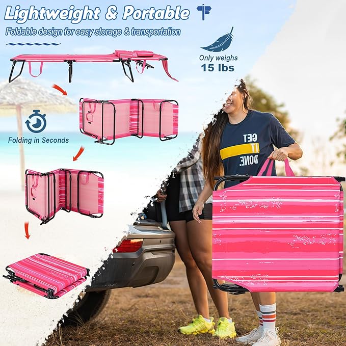 Goplus Tanning Chair, Folding Beach Lounge Chair with Face Hole, Removable Pillow, Carry Strap, Position Adjustable, Sunbathing Chair, Portable Outside Lounge Chair for Patio Pool