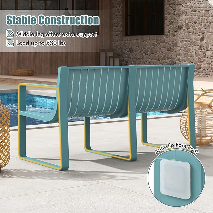 Tangkula Patio Loveseat, Weather-Resistant Plastic 2-Person Bench with Curved Backrest, Outdoor Conversation Furniture with Slatted Design for Patio, Poolside, Backyard, Garden, Deck, Lawn (Blue)